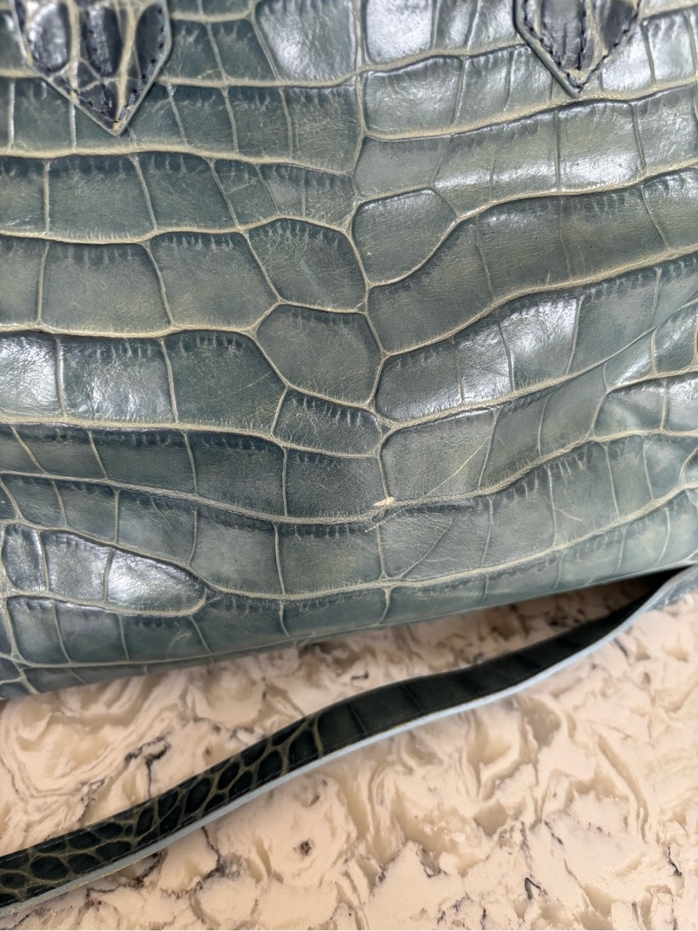 Birkin Designer-Style Croc Embossed Tote Bag in Teal Green - Picture 6 of 10